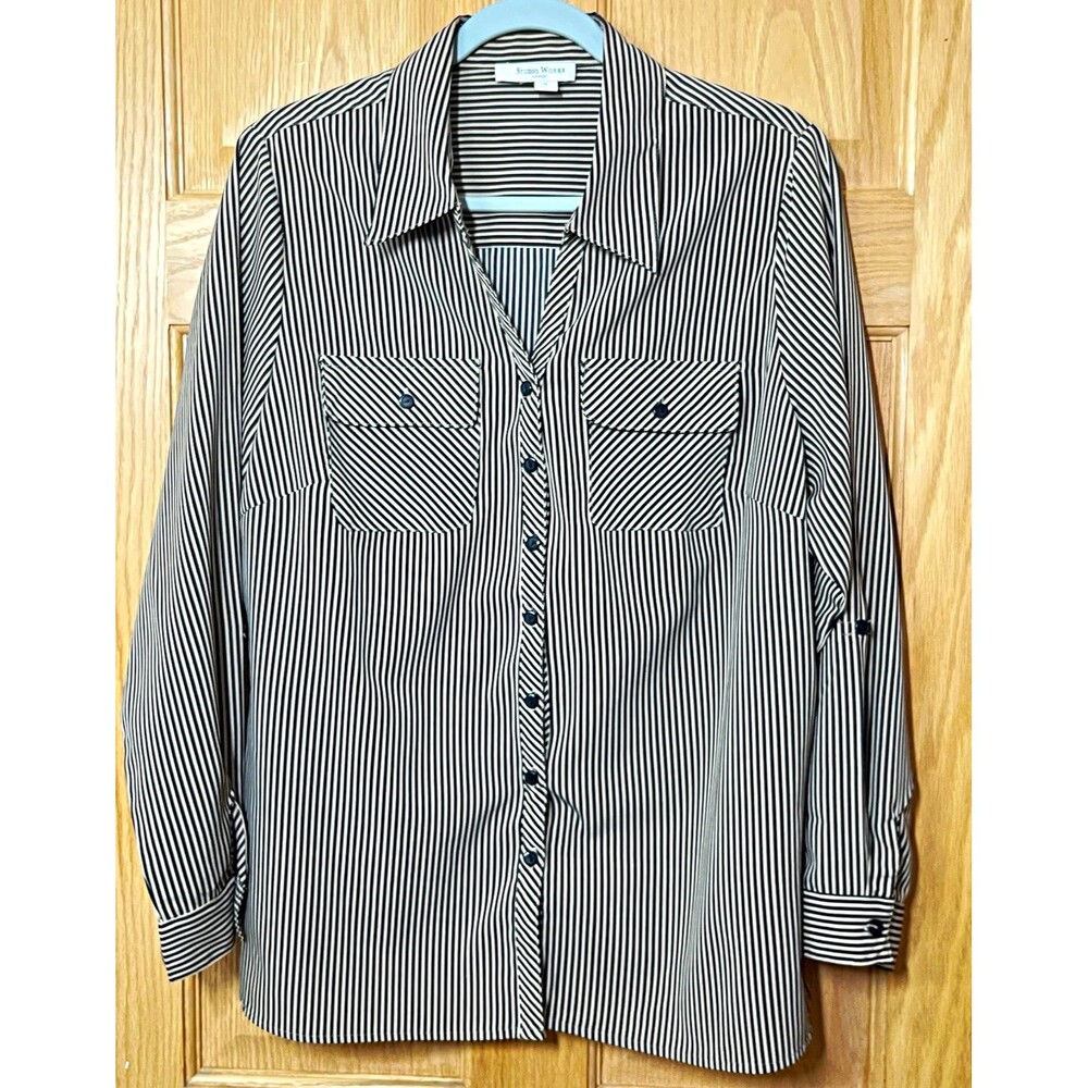 Studio Works Woman 1X Black Beige Striped Collared Long Sleeve Button-Up Pockets